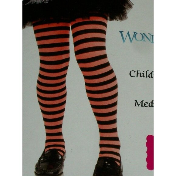 Wonderland Halloween Childs Orange Black Striped Tights Med 7-10 Opaque Girls - Picture 1 of 3